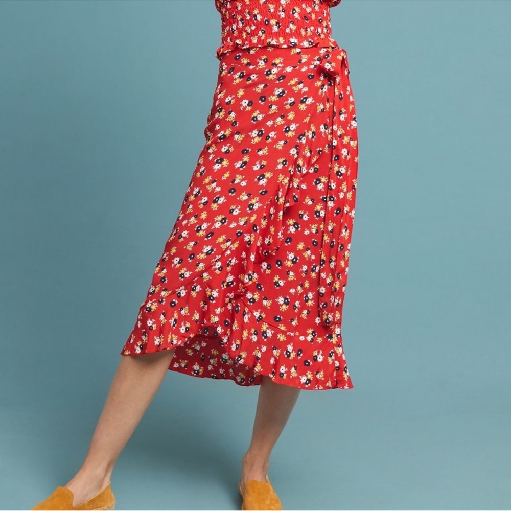 Faithfull the Brand Celeste Red Floral wrap A-Line Skirt XS/2